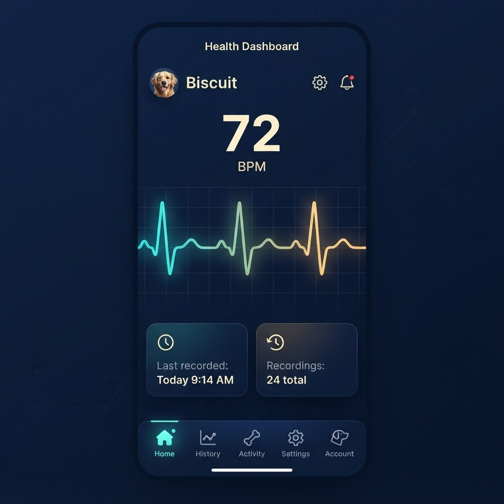 PupCardio app dashboard showing Biscuit's heart rate at 72 BPM with ECG waveform