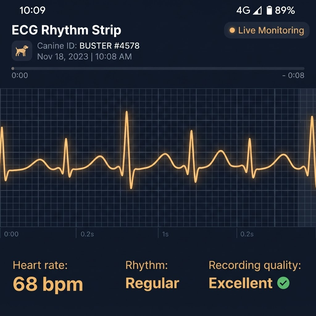 PupCardio app showing a live ECG heart waveform with 68 BPM reading and Regular rhythm