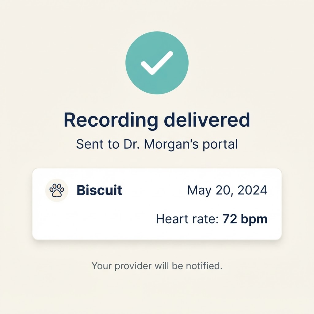 PupCardio app showing recording delivered confirmation screen