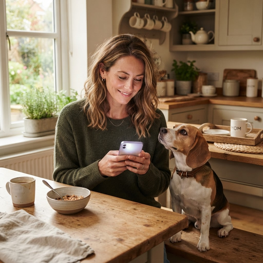 Dog owner reviewing heart rate data on her phone while her Beagle sits beside her