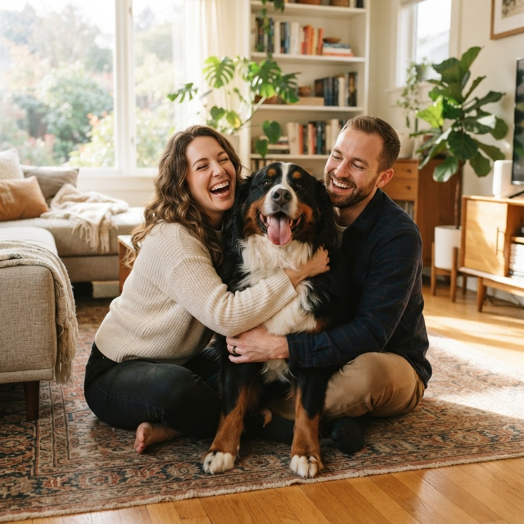 A couple sitting on the floor of their living room, laughing and hugging their large happy Bernese Mountain Dog
