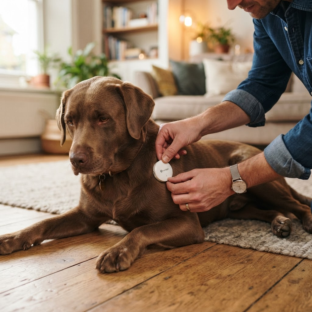 Dog owner placing the PupCardio device on their Labrador at home