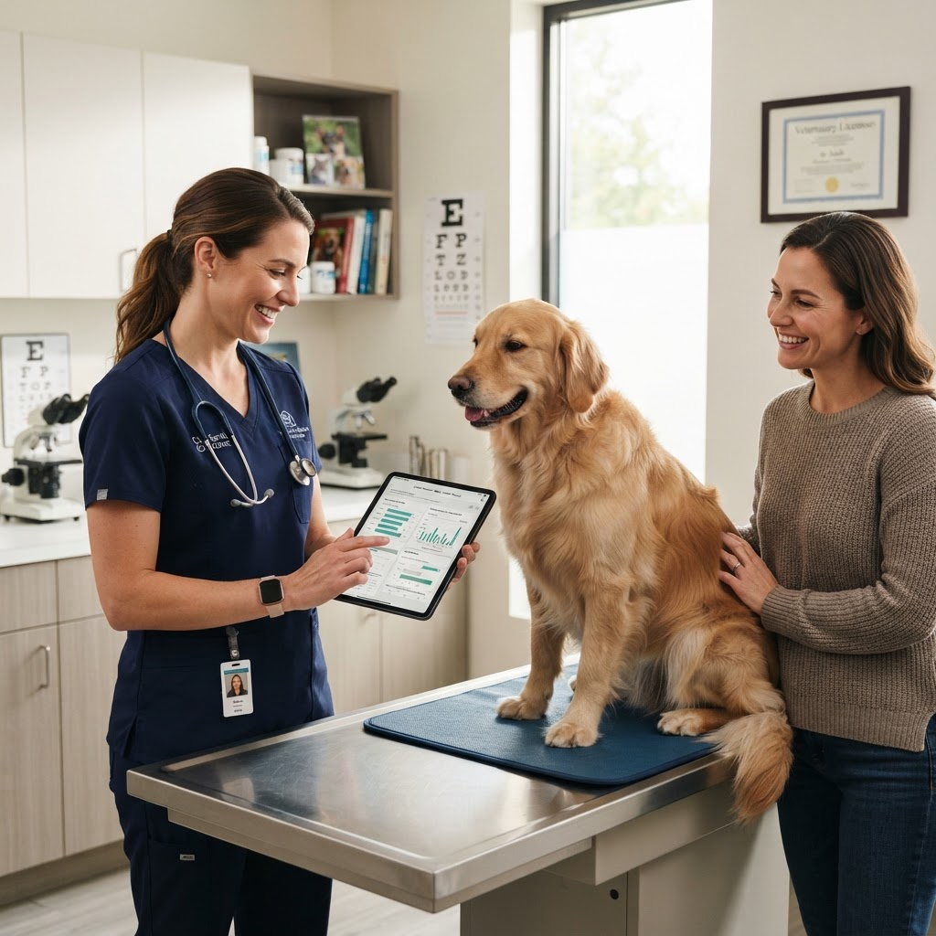 Veterinarian reviewing PupCardio data on a tablet with the dog and owner present
